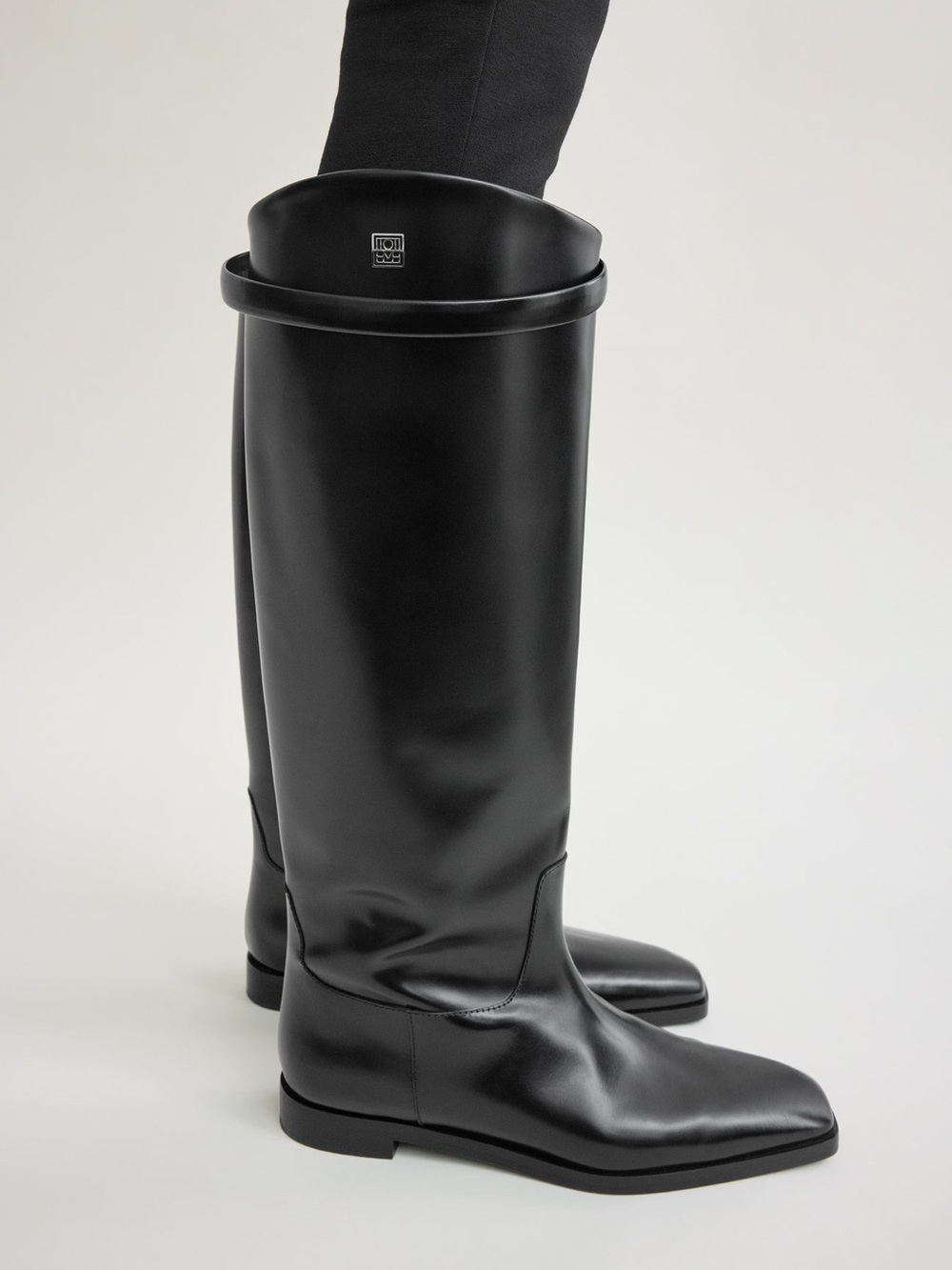 NEW Toteme Leather Riding Boot Square Toe Pull On Shiny Black 41EU